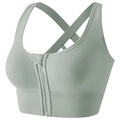Shockproof sports bra for running with front zipper design and cross back straps in sage green - S / Green
