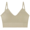 Beige ribbed knit seamless bra with deep V-neckline and slim spaghetti straps - Milk Skin