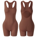 Women's dark coffee sleeveless yoga bodysuit with open back design and tight shorts - Coffee