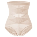 High-waisted tummy control underwear in beige mesh with crossover shaping panels - S / Nude