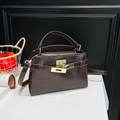 Retro dark brown patent leather satchel bag with gold metal twist lock and top handle - Brown