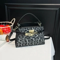 Retro black leather handbag with leopard print panel and gold metal turn-lock buckle - Leopard Print Black