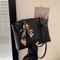 Black crocodile embossed tote bag with printed silk scarf and slim double handles - Black