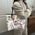 Abely cream tote bag set with colorful city graffiti pattern and black shoulder straps - Black