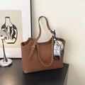 Brown litchi grain tote bag with elegant polka dot scarf handle for women - Brown