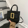 Klassische schwarze quadratische Handtasche mit goldener Schnalle und Schultergurt - Schwarz