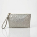 Fashionable silver woven texture wristlet wallet with metal zipper and wrist strap - Silver
