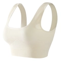 Cream-white ribbed high-stretch sports bra with wide straps and seamless knit texture - M / Wide Strap Square Neck Bra / White (AB01)