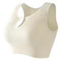 Beige ribbed sports bra with deep U-neck cutout and high elasticity fabric - White (AB03)