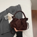 Deep brown pleated suede handbag with knotted handle and detachable shoulder strap - Coffee