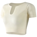 Slim fit cream white ribbed yoga top with short sleeves and U-neckline on ghost mannequin - White (AB06)