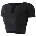Black ribbed knit sports crop top with deep U-neck and moisture-wicking fabric - Black (AB06)