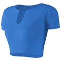 Blue ribbed knit short sleeve crop top with notched neckline for yoga and fitness - Blue (AB06)