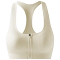 Front zipper cream sports bra with ribbed fabric and wide elastic band for women - White (AB08)