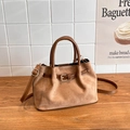 Bolso saco vintage de ante marrón con asas de cuero y detalles metálicos dorados - Caqui