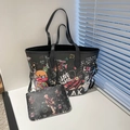 Sac fourre-tout noir avec imprimés graffitis de dessins animés et petite pochette - Noir