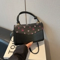 Elegante borsa nera con stampa floreale rosa e fiocco, borsa a tracolla per donna - Stile Fiocco Floreale / Nero