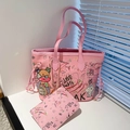 Sac fourre-tout rose avec imprimés graffiti ours et petite pochette assortie - Rose