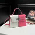 Pink and white contrast leather crossbody bag with silver lock and litchi texture - White and Pink