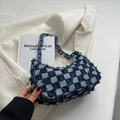 Blue denim checkerboard baguette bag with fringe detail and plastic chain strap - Dark Blue