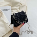 Mini black crossbody bag with 3D floral jacquard fabric and silver chain strap - Black