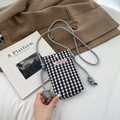 Schwarze und weiße karierte Mini-Handytasche mit Baumwollkordel und Logo-Aufnäher - Schwarz
