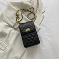 Quilted black leather crossbody phone bag with gold metal chain strap and turn-lock - Black