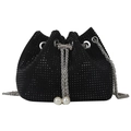 Chic black rhinestone bucket bag with pearl drawstring and silver chain strap - Black