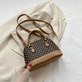 Dunkelbraune Mini-Boston-Tasche im Vintage-Stil mit kamelfarbenen Griffen und Tragegurt - Khaki
