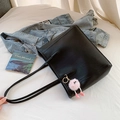 Minimalist black large tote bag with pink faux fur pompom charm and long shoulder straps - With Pendant / Black