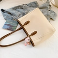 Minimalist beige and brown leather tote bag with a pink plush monster charm - With Pendant / Off-white