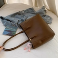 Brown large capacity minimalist faux leather tote bag with cute pink monster charm - With Pendant / Brown