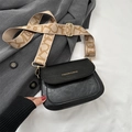 Minimalist black pebbled PU leather crossbody bag with patterned wide strap - Black
