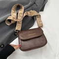 Dark brown faux leather crossbody square bag with stylish wide patterned strap - Brown