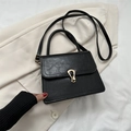 Minimalist black winter crossbody bag with gold hardware and lychee grain texture - Black