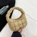 Beige quilted puffer handbag with ruched handle and soft nylon fabric texture - Khaki