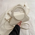 Minimalist white geometric handbag with circular handle and crossbody strap in PU leather - White