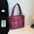 Quilted puffer tote bag in burgundy red with glossy metallic finish for women - Red