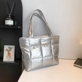 Silver metallic quilted tote bag with large capacity and sleek minimalist design - Silver