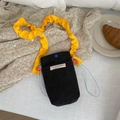 Black corduroy mini crossbody phone bag with vibrant yellow ruffled shoulder strap - Black