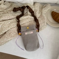 Chic dark grey corduroy crossbody phone bag with ruffled brown strap and yellow button - Gray