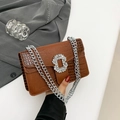 Brown crocodile pattern crossbody bag with luxury rhinestone buckle and silver chain - Brown