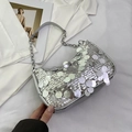 Silver paillette sequin shoulder bag with metallic chain strap and leather detail - Silver Gray
