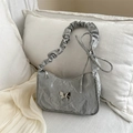 Grey ruched underarm bag with silver butterfly charm and ruffled handle detailing - Silver