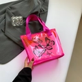 Summer transparent jelly tote bag in rose pink with butterfly prints and top handles - Rose Red