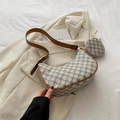 Sac croissant rétro en tissu beige avec motif trèfle et finitions en cuir marron - Blanc