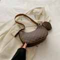 Sac croissant marron vintage à motif monogramme avec son porte-monnaie rond amovible assorti - Marron
