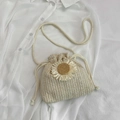 Off-white straw bucket bag with floral daisy detail and drawstring for summer beach vacation - Off White