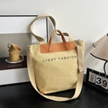 Beige canvas shopper met bruine leren handvatten en LIGHT FASHION-opdruk - Khaki