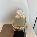 Pale green drawstring bucket bag featuring a pearl handle and gold chain shoulder strap - Green